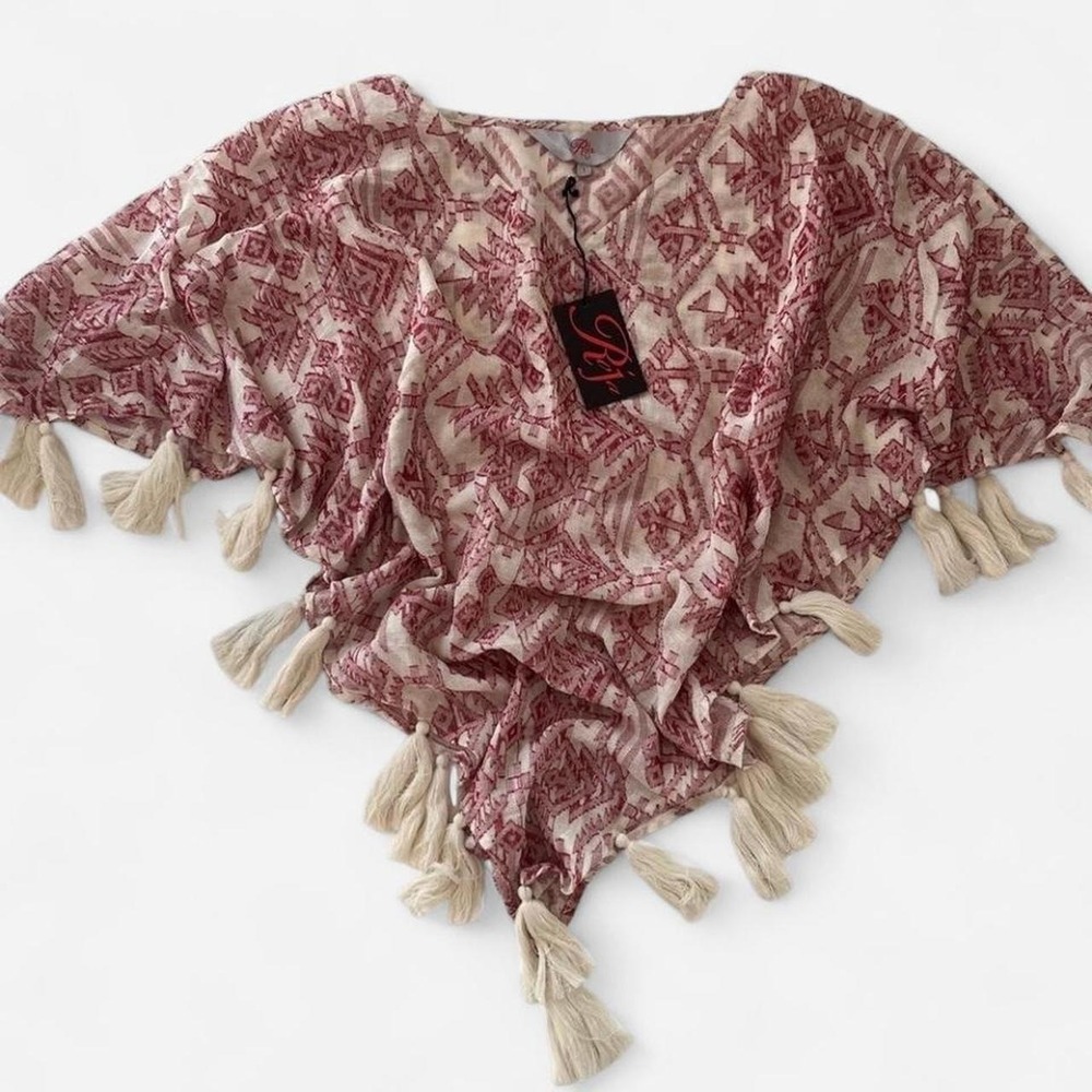 NWT Roja Women Red Cream Geometric Aztec Tribal Print Cotton Tassel Poncho Top